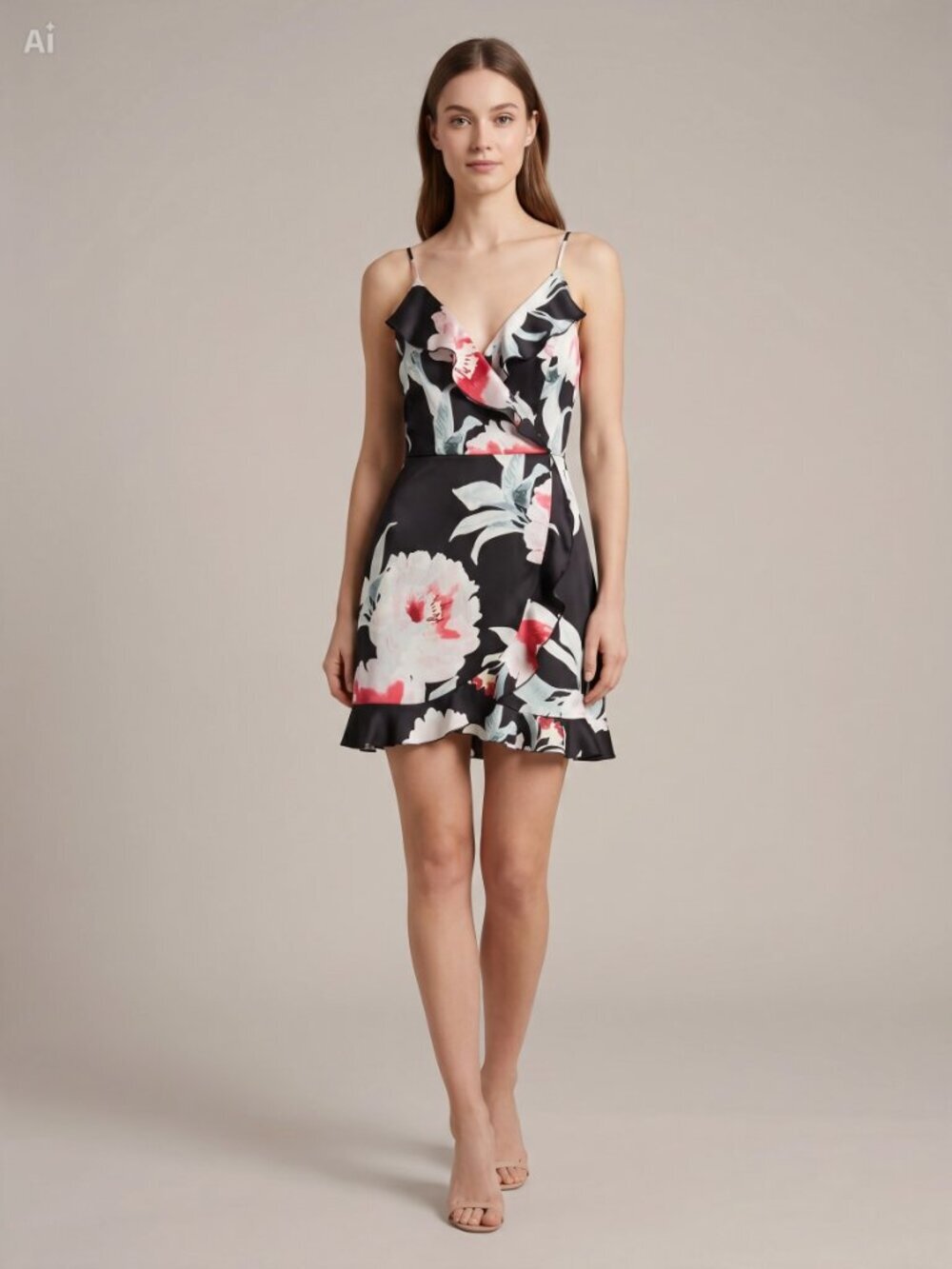 Black Floral Satin Ruffle Faux Wrap Mini Dress